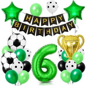 6 Year Birthday Football Ball, Football Party Decorations, Aluminium Football, Latex Ball, Green Black, For Boys, Children, Birthday, Sports Theme Decoration - Neuf