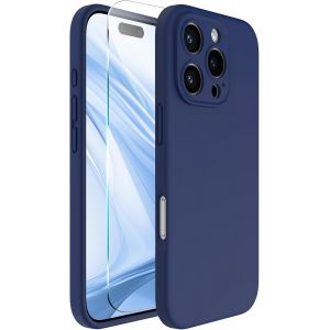 JGD-pour iPhone 16 Pro Coque, Cover Silicone Liquide de Haute Qualit&eacute; pour iPhone 16 Pro(6.3"") avec 1 Verre tremp&eacute;, Protection 360&deg;, Doublure en Microfibre Antichoc Case-Bleu Marine - Neuf