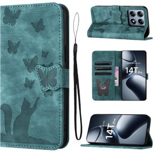 KAL-Housse Protection Pour Xiaomi 14T Pro 6.67 Pouces Mat&eacute;riau En Cuir Pu Coque Xiaomi 14T Pro Avec Fentes Pour Cartes Coque De Protection Xiaomi 14T Pro Vert - Neuf