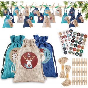JEXNOVASHOP-24 Calendriers De L'avent, Sac Cadeau De No&euml;l, 2022 Calendrier De No&euml;l Sacs &agrave; DIY Calendrier De L'avent &agrave; Remplir, Pochette No&euml;l,Avec Etiquettes Num&eacute;ro Et 24 Pinces,Sacs Calendrier Surpri - Neuf