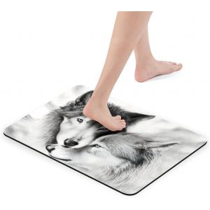 KAL-Tapis De Bain Antidérapant Lavable - 42 X 60 Cm - Motif Loup Noir Et Blanc - Neuf