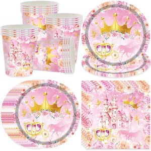 Tianyi-Ensemble De Vaisselle De Fête Au Château De Princesse, Château Rose, Décoration D'anniversaire D'enfant, Assiettes En Carton, Gobelets, Serviettes Pour 16 Invités, Fête Prénatale, Mariage - Neuf