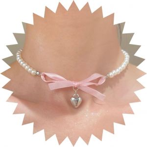 Kal-Collier Boho Collier Perle Choker Collier Coeur Perle Argent Collier Pendentif Coeur Bouffant Collier Ruban Perle Noeud Dentelle Rose Collier Chaine Bijoux Pour Femmes - Neuf