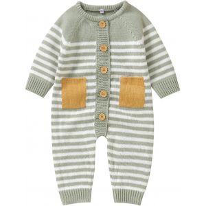 Bnhgc-Combinaison Bébé Garçon Fille Grenouillère Bébé Tricoté Manches Longues Rayé Combinaison À Col Rond Pour Bébé Unisexe 0-18 Mois Automne Hiver - Neuf