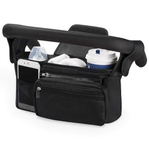 Organisateur Universel Pour Poussette Avec Porte-Gobelet Isol&eacute;, Poche Zipp&eacute;e, Compartiment Pour Couches Et T&eacute;l&eacute;phone, Sangle D'&eacute;paule R&eacute;glable, Dimensions 33x10x16 Cm, Noir - Neuf