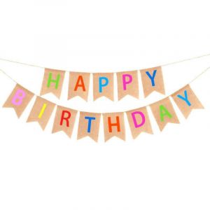 Kyaoayo-Bannière En Toile De Jute Rustique Anniversaire Bannière Multicolore Guirlande Drapeau De Machaon Happy Birthday Banderole Pour Garçon Fille Première Sainte Communion Baptême Fête Décor (Col - Neuf