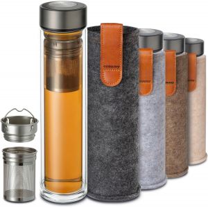 Thermos Verre Avec Infuser 500 Ml - Verre À Double Paroi Avec Housse En Feutre - Résistant À La Chaleur - Étanche - Lavable Au Lave-Vaisselle (Anthracite) - Neuf