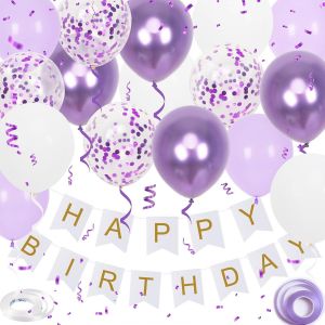 Lot De 16 Ballons &laquo; Happy Birthday &raquo; Avec 2 Rubans Pour Hommes, Femmes, Filles Et Gar&ccedil;ons, D&eacute;coration De F&ecirc;te D'anniversaire Violette, 30,5 Cm - Neuf