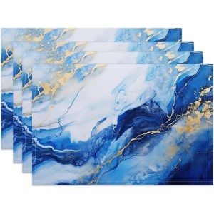 Eryi-Lot De 4 Sets De Table En Marbre Bleu - Motif Abstrait - Veines Dorées - Lavable En Machine - Pour Cuisine, Salle À Manger, Décoration D'intérieur - 45 X 30 Cm - Neuf