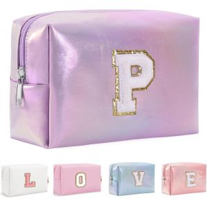 MAA-Organisateur de Trousse de Maquillage en Cuir PU 26 Lettres Laser Pochette cosm¿¿tique Grande capacit¿¿ Trousse de Toilette de Voyage Femmes Filles Cadeaux d'anniversaire Sac de Rangement - Neuf
