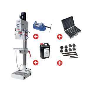 Perceuse &agrave; colonne par engrenages jusque &oslash; 28 mm CM3 1,1 kW 400V avec accessoires essentiels Torros FSG28 PACK - Neuf