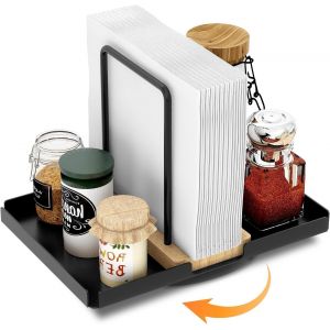 Eryi-Porte-Serviettes Rotatif De Table Support De Serviette Papier Avec Porte-Épices Porte Serviette Distributeur De Serviettes Décoration Pour La Maison Cuisine Restaurant, Métal & Bois, Noir - Neuf