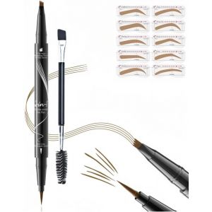 KALANKA-Crayon Sourcils 4 Pointes Fourche Résistant à l'Eau - Double Embout Ultra-Fin & Formule Anti-Tâches pour Sourcils Naturels (Gabarit & Brosse Professionnelle) (Marron clair) - Neuf