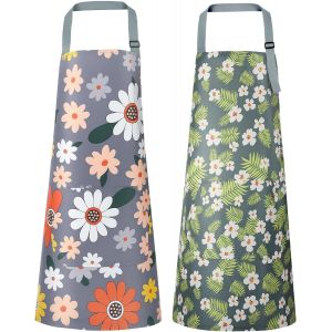 ERYI-2 Pcs Tablier De Cuisine Femme, Tablier Cuisine Réglable Lanières, Etanche Tablier Avec Poches, Tablier À Fleurs, Tablier Fleuri, Tablier Pour Barbecue, École, Café, Chef, Serveurs - Neuf