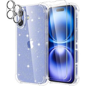 Maa-Coque Pour Iphone 16 Plus Paillettes, Avec 2 Verre Trempé Et 2 Caméra Protecteur, Étui En Silicone Tpu Souple Transparent Glitter Paillette Mince Antichoc Housse - Neuf