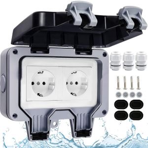 IP66 Prise &eacute;tanche,prises ext&eacute;rieure r&eacute;sistant aux intemp&eacute;ries,prise murale pour ext&eacute;rieur,Bo&icirc;te de Derivation &Eacute;tanche,Double prise &eacute;tanche,pour Cuisine,Salle de Bain,Garage,Piscine et Jardin - Neuf