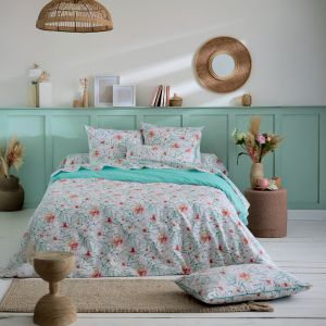 Housse De Couette Coton Floral Exotique R&eacute;versible Uni - Neuf