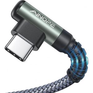 TZF-Ainope Lot de 2 câbles USB C 3,1 A à angle droit - Câble de charge rapide en nylon tressé durable - Compatible avec Galaxy S10, S9 Plus, S21, Note 10, 9, LG - Chargeur de type C (2 m) - Neuf