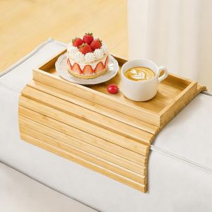 SUBZONAL-Table Bouts de Canap&eacute; de Salon, Plateau d'Accoudoir de en Bambou, Table de Plateau d'Accoudoir Canap&eacute; de Canap&eacute; Pliable &agrave; Clipser, Porte-gobelet de Canap&eacute; pour Collations Tasses - Neuf