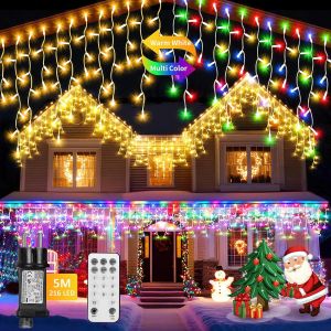 Jgd-Rideau Lumineux Ext&eacute;rieur 5m 216 Led Avec T&eacute;l&eacute;commande, Guirlande Lumineuse Noel Ip44 &Eacute;tanche 11 Modes Lumi&egrave;res De Gla&ccedil;ons Lumi&egrave;res De F&eacute;es De No&euml;l Avec 5m C&acirc;ble Pour Balcon (Blanc Chaud/Color&eacute;) - Neuf