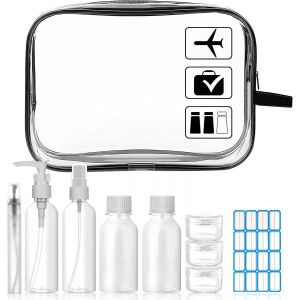 KALANKA-Trousse de Toilette Transparente + 8 Bouteilles Vide - Kit de Voyage avec Pochette Étanche et Sac Transparent pour Produits Toilette - Conforme aux Normes Aériennes - Neuf