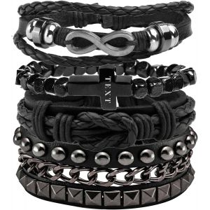 Kal-Bracelet Tress&eacute; Cuir Homme Bracelet Cha&icirc;ne Gothique Manchette Set Punk Rocker Bracelet Noir - Neuf