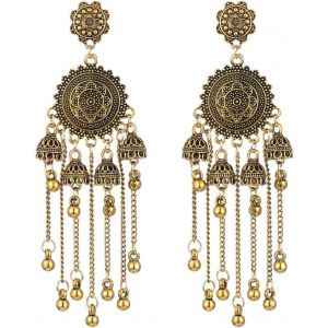 Kal-Bollywood Boucles D'oreilles Indiennes Traditionnelles Ethniques En Perles Jhumka Jhumki Pour Femmes Et Filles Perles Bohémiennes Longues Pampilles Pendantes Cloches Tribales Bijoux Cadeau - Neuf