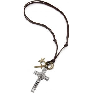 Kal-Homme Vintage J&eacute;sus Christ Crucifix Croix Pendentif Collier - Cordon En Cuir R&eacute;glable - Religieux Bijoux - Neuf