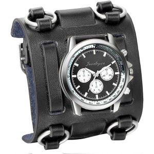 Eryi-Montre Homme Sport Quartz Analogique Cadran Décoration Trois Yeux Chronomètre Argent Noir Bracelet Cuir Alliage Avec Sac Cadeau - Neuf