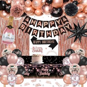 LETNERNY-Decoration Anniversaire, Anniversaire Décorations Noir Rose Or Ballons Kit Banderole Joyeux Anniversaire Pom Poms Confetti Echarpe Couronne Deco Rideau Nappe Couronne Anniversaire Pour Fille - Neuf