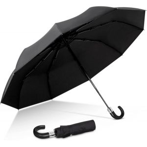 YEMAESRE-Homme Luxe Pliant Parapluie J-Poignée En Bois Résistant Preuve De Neige Vent Automatique Ouverture/Fermeture Parapluie Affaires Voyage Compact Portable Durable Parapluie J-Poignée Noire - Neuf