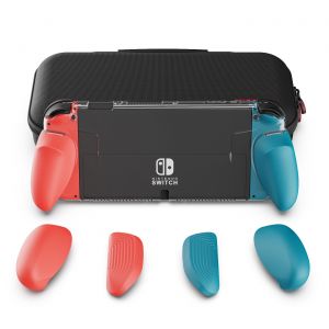 GripCase OLED Bundle pour Nintendo Switch OLED Skull & Co. : Coque de protection transparente compatible avec le dock, avec poignées interchangeables [avec étui de transport], Bleu néon + Rouge - Neuf