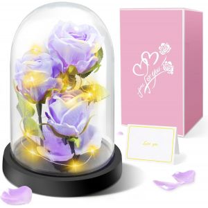 Rose Eternelle sous Cloche, Noel Cadeau pour Femmesu20133 Roses de Soie Violettes, Rose D&ocirc;me en Verre Fleur Artificielle avec LED Lumi&egrave;res pour la F&ecirc;te des M&egrave;res,Cadeau pour Elle,Femme,Maman,Grand-m&egrave;re - Neuf