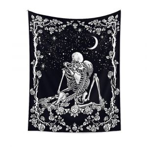 Tapisserie Murale Noire Et Blanche, Motif Squelette De Tarot, Tête De Mort D'amoureux Qui S'embrassent, Pour Décoration De Salon, Chambre À Coucher Ou Dortoir - Neuf