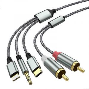 Câble Lightning vers RCA Adaptateur audio auxiliaire,câble RCA vers 3,5 mmCâble audio USB C vers 2 RCA,câble audio 3 en 1 pour voiture,home cinéma,haut-parleur et plus encore - Neuf