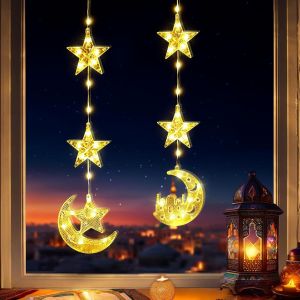 KAL-Décoration De Ramadan Lumières, 2 Pièces Étoile Lune Château Ramadan Guirlande Lumineuse De Fenêtre Eid Mubarak Lampe À Piles Avec Minuterie Pour Intérieur Chambre Fête Maison, Blanc Chaud - Neuf