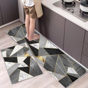 Eryi-Lot De 2 Tapis De Cuisine Antidérapants, Absorbe L'eau Et L'huile, Résistant À La Poussière Tapis De Cuisine,Tapis De Sol Pour L'intérieur (Gris Géométrique, 40 X 60 + 40 X 120 Cm) - Neuf