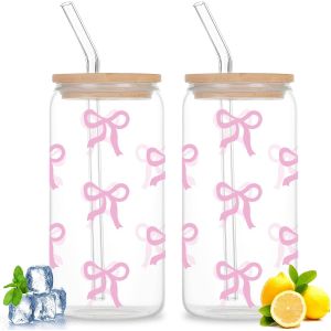 Mevronisshop-Gobelet En Verre Avec Couvercle Et Paille: Lot De 2 Verres R&eacute;utilisables, Ensemble Verre &Agrave; Noeud Rose De &Eacute;l&eacute;gant En Forme De Canette Pour Bubble Tea, Caf&eacute; Glac&eacute;, Cocktails, Smoothies - Neuf
