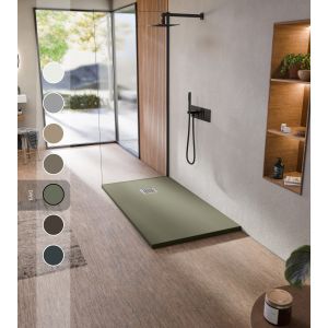 BELLOBATH - Receveur de douche en r&eacute;sine antid&eacute;rapant - Texture ardoise douce - Avec la bonde et la grille comprises - Kaki - 80 X 90 cm - Neuf