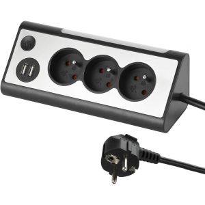 35430, Bloc multiprises d¿Angle, 3 Prises, 2 Ports USB Interrupteur on/Off pour éteindre/Allumer la LED, Câble 1,5M, Gris/Noir - Neuf