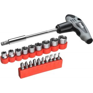 ERYI-Jeu De Tournevis À Manche En T 21 Pièces Avec Porte-Embouts, Y Compris 10 Embouts 25 Mm, 9 Douilles 1/4'', Pour Les Travaux De Vissage Légers Dans La Voiture, Sur La Moto Et Dans La Maison - Neuf