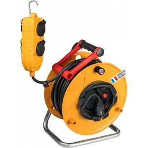 MEVRONISSHOP-Enrouleur de c&acirc;ble Standard BT Pro avec rallonge suppl&eacute;mentaire et bloc mobile &agrave; 4 prises de courant (40m de c&acirc;ble H07RN-F 3G1,5, utilisation en ext&eacute;rieur, fabriqu&eacute; en France) - Neuf