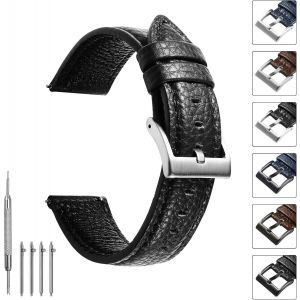 Kal-Bracelet Montre En Cuir 20mm, Bracelet De Montre Noir Pour Homme En Cuir Litchi, Bracelets Montres Souple De Remplacement, Montre Bracelet Avec Boucle Argentée, 20mm 22mm - Neuf