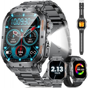 Men's Smart Watch 3atm Waterproof With Bluetooth Calls/Led Torch, 2.13 Inch Amoled Large Screen Military Smartwatch, 100+ Sports Modes, Spo2/Heart Rate For Android Ios, 2 Wristbands - Neuf