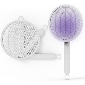 BFS-Buezzap Raquette à moustiques électrique, rotative, 4000 V, 1500 mAh, 2 en 1, puissante, Rechargeable, avec câble de Chargement USB-C, Lampe UV Anti-moustiques, piège à Mouches, Blanche - Neuf