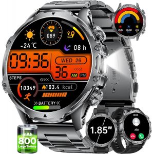 Shou-Montre Connectée Militaire Pour Homme,1,85"" Hd,Grand Écran Pour Android Ios/Batterie 800 Mah,Lampe De Poche Pour Homme Avec Fonction Téléphone,100 Modes Sportifs,Podomètre,Calories - Neuf