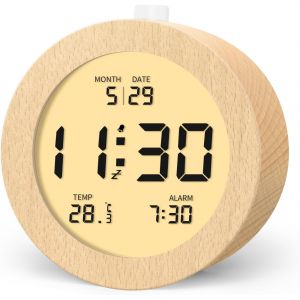R&eacute;veil Num&eacute;rique, R&eacute;veil En Bois Avec &Eacute;cran Lcd Affichant La Temp&eacute;rature Et La Date, Fonction Snooze, R&eacute;tro&eacute;clairage, Aliment&eacute; Par 3 Piles Aaa (Piles Non Incluses) - Neuf
