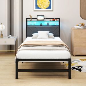 SUBZONAL-Lit simple capitonn&eacute;, 90 x 200 cm, en m&eacute;tal, avec LED et station de charge, cadre de lit avec espace de rangement, lit pour adolescent, invit&eacute;, avec t&ecirc;te de lit, gris fonc&eacute; - Neuf