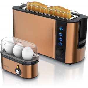 Set Ensembles Grille-Pain Frukost Et Cu Ur À Oeufs Threecook Inox Cuivre, Grille-Pain 2 Tranches Écran Led 6 Degrés De Brunis Support Vienno Rie, Cu Ur À Oeufs 1-3 Oeufs, Verre Doseur - Neuf