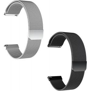 Kal-Lot De 2 Bracelets De Montre À Dégagement Rapide, Réglables En Acier Inoxydable Pour Homme Et Femme, Bracelet De Montre En Maille Tissée En Métal, 22 Mm, Noir Argenté - Neuf